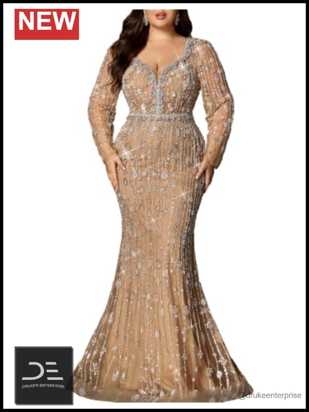Plus Size Sequin Beaded Mermaid Formal Evening Gown Long Sleeve